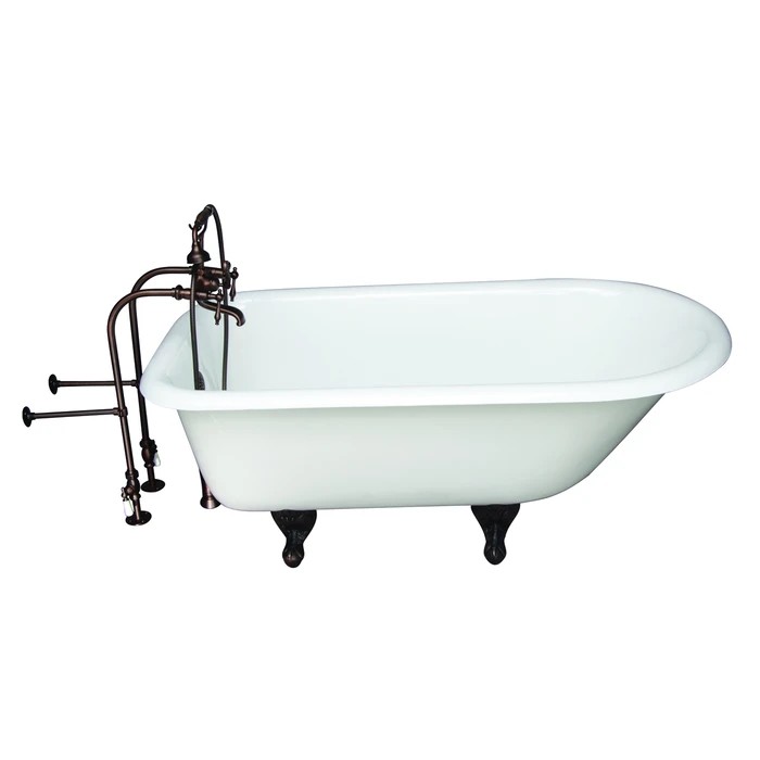 BARCLAY TKCTRN60-ORB7 BARTLETT 60 3/4 INCH CAST IRON FREESTANDING CLAWFOOT SOAKER BATHTUB IN WHITE WITH FINIAL METAL LEVER HANDLE TUB FILLER AND HAND SHOWER IN OIL RUBBED BRONZE