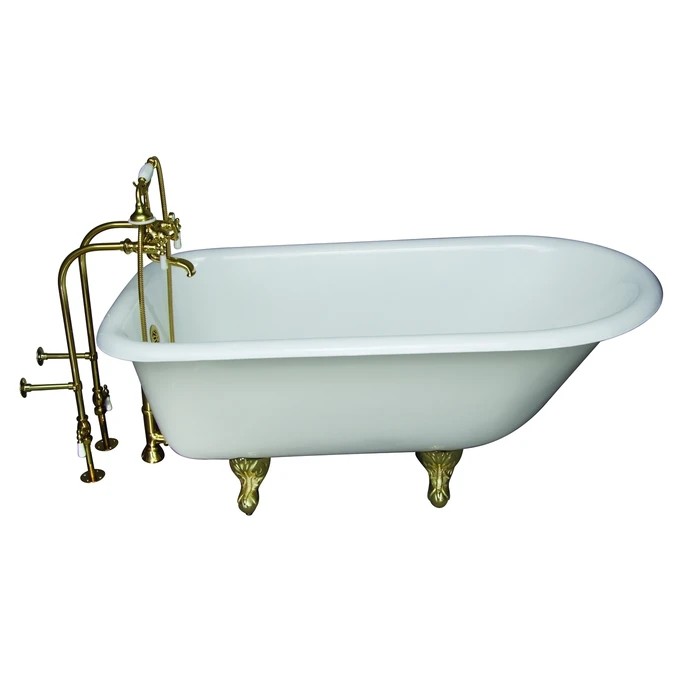 BARCLAY TKCTRN60-PB1 BARTLETT 60 3/4 INCH CAST IRON FREESTANDING CLAWFOOT SOAKER BATHTUB IN WHITE WITH PORCELAIN LEVER HANDLE TUB FILLER AND HAND SHOWER IN POLISHED BRASS