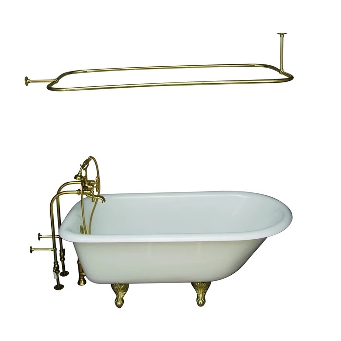 BARCLAY TKCTRN60-PB11 BARTLETT 60 3/4 INCH CAST IRON FREESTANDING CLAWFOOT SOAKER BATHTUB IN WHITE WITH METAL LEVER HANDLE TUB FILLER AND 54 INCH RECTANGULAR SHOWER ROD IN POLISHED BRASS
