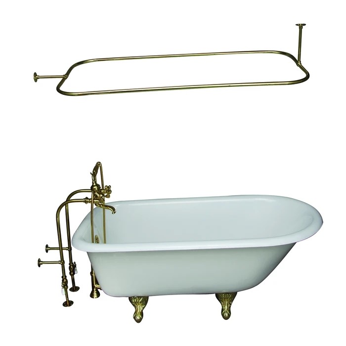 BARCLAY TKCTRN60-PB12 BARTLETT 60 3/4 INCH CAST IRON FREESTANDING CLAWFOOT SOAKER BATHTUB IN WHITE WITH METAL CROSS HANDLE TUB FILLER AND 54 INCH RECTANGULAR SHOWER ROD IN POLISHED BRASS