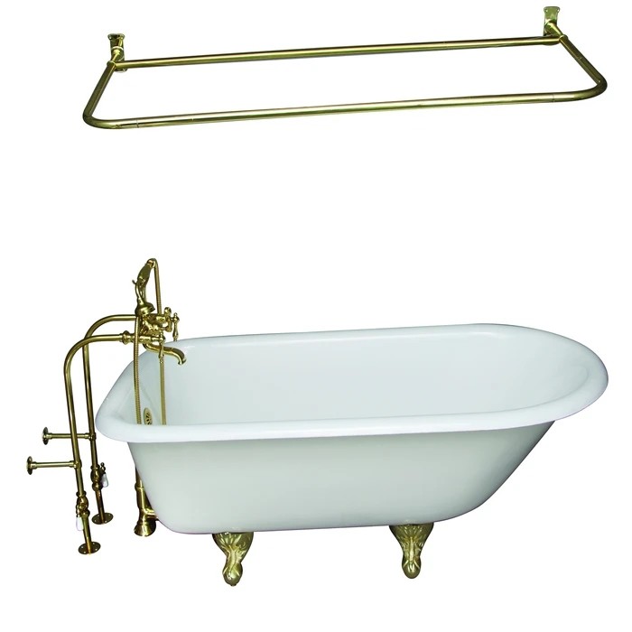 BARCLAY TKCTRN60-PB13 BARTLETT 60 3/4 INCH CAST IRON FREESTANDING CLAWFOOT SOAKER BATHTUB IN WHITE WITH FINIAL METAL LEVER HANDLE TUB FILLER AND 54 INCH D-SHAPED SHOWER ROD IN POLISHED BRASS