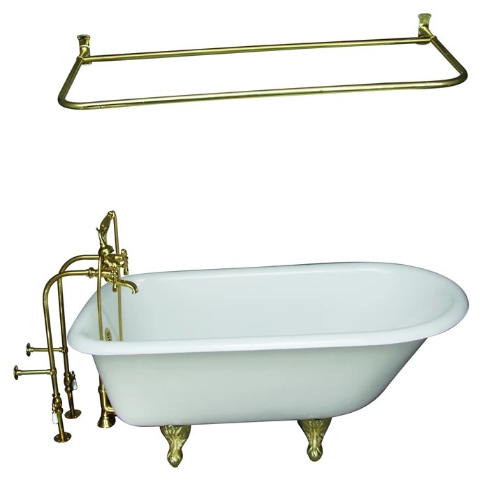 BARCLAY TKCTRN60-PB14 BARTLETT 60 3/4 INCH CAST IRON FREESTANDING CLAWFOOT SOAKER BATHTUB IN WHITE WITH METAL LEVER HANDLE TUB FILLER AND 54 INCH D-SHAPED SHOWER ROD IN POLISHED BRASS