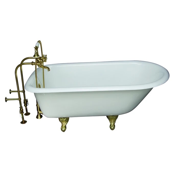BARCLAY TKCTRN60-PB2 BARTLETT 60 3/4 INCH CAST IRON FREESTANDING CLAWFOOT SOAKER BATHTUB IN WHITE WITH METAL CROSS HANDLE TUB FILLER AND HAND SHOWER IN POLISHED BRASS
