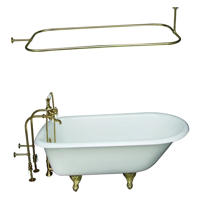 BARCLAY TKCTRN60-PB3 BARTLETT 60 3/4 INCH CAST IRON FREESTANDING CLAWFOOT SOAKER BATHTUB IN WHITE WITH PORCELAIN LEVER HANDLE TUB FILLER AND 54 INCH RECTANGULAR SHOWER ROD IN POLISHED BRASS