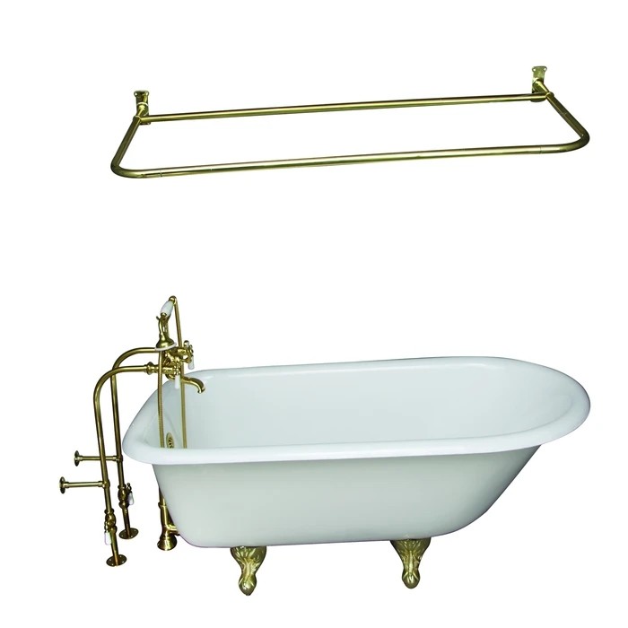 BARCLAY TKCTRN60-PB5 BARTLETT 60 3/4 INCH CAST IRON FREESTANDING CLAWFOOT SOAKER BATHTUB IN WHITE WITH PORCELAIN LEVER HANDLE TUB FILLER AND 54 INCH D-SHAPED SHOWER ROD IN POLISHED BRASS