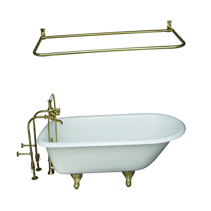 BARCLAY TKCTRN60-PB6 BARTLETT 60 3/4 INCH CAST IRON FREESTANDING CLAWFOOT SOAKER BATHTUB IN WHITE WITH METAL CROSS HANDLE TUB FILLER AND 54 INCH D-SHAPED SHOWER ROD IN POLISHED BRASS