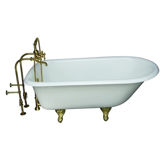 BARCLAY TKCTRN60-PB7 BARTLETT 60 3/4 INCH CAST IRON FREESTANDING CLAWFOOT SOAKER BATHTUB IN WHITE WITH FINIAL METAL LEVER HANDLE TUB FILLER AND HAND SHOWER IN POLISHED BRASS