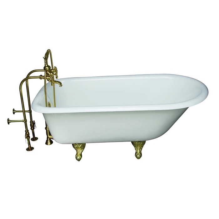 BARCLAY TKCTRN60-PB8 BARTLETT 60 3/4 INCH CAST IRON FREESTANDING CLAWFOOT SOAKER BATHTUB IN WHITE WITH METAL LEVER HANDLE TUB FILLER AND HAND SHOWER IN POLISHED BRASS
