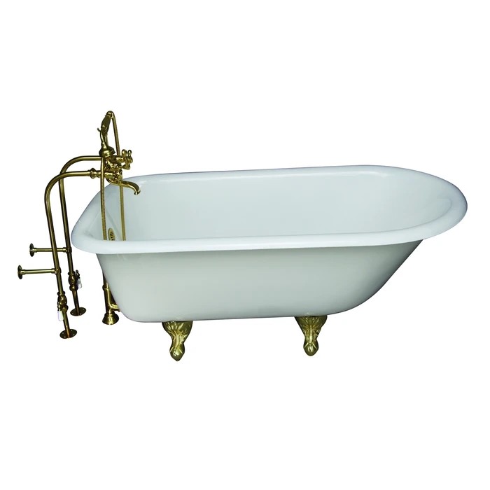 BARCLAY TKCTRN60-PB9 BARTLETT 60 3/4 INCH CAST IRON FREESTANDING CLAWFOOT SOAKER BATHTUB IN WHITE WITH METAL CROSS HANDLE TUB FILLER AND HAND SHOWER IN POLISHED BRASS