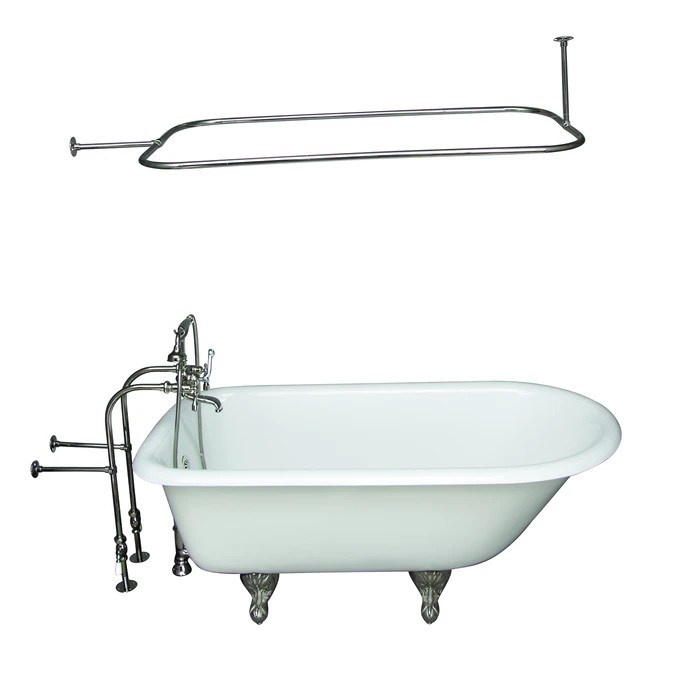 BARCLAY TKCTRN60-PN11 BARTLETT 60 3/4 INCH CAST IRON FREESTANDING CLAWFOOT SOAKER BATHTUB IN WHITE WITH METAL LEVER HANDLE TUB FILLER AND 48 INCH RECTANGULAR SHOWER ROD IN POLISHED NICKEL