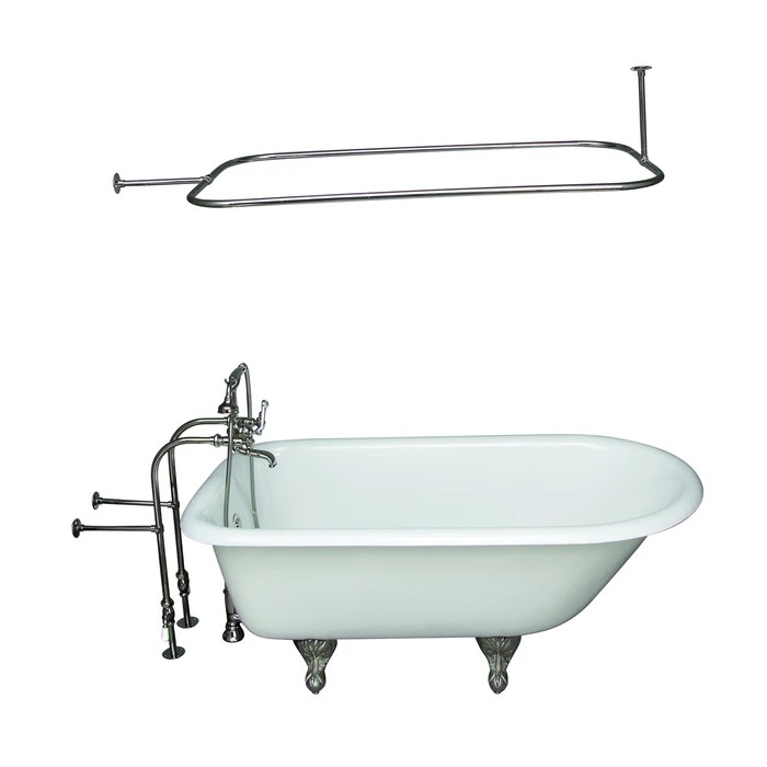 BARCLAY TKCTRN60-PN12 BARTLETT 60 3/4 INCH CAST IRON FREESTANDING CLAWFOOT SOAKER BATHTUB IN WHITE WITH METAL CROSS HANDLE TUB FILLER AND 48 INCH RECTANGULAR SHOWER ROD IN POLISHED NICKEL