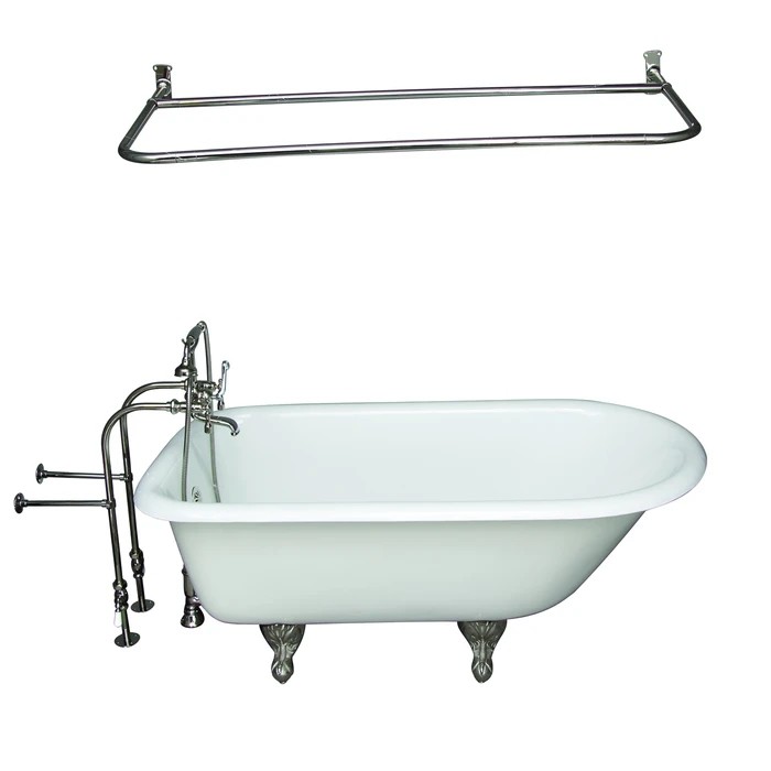 BARCLAY TKCTRN60-PN14 BARTLETT 60 3/4 INCH CAST IRON FREESTANDING CLAWFOOT SOAKER BATHTUB IN WHITE WITH METAL LEVER HANDLE TUB FILLER AND 54 INCH D-SHAPED SHOWER ROD IN POLISHED NICKEL