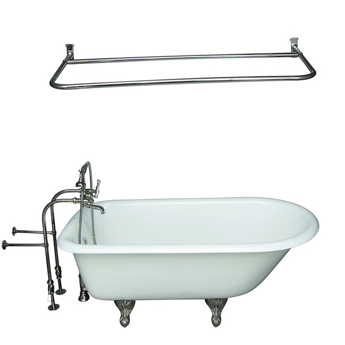 BARCLAY TKCTRN60-PN15 BARTLETT 60 3/4 INCH CAST IRON FREESTANDING CLAWFOOT SOAKER BATHTUB IN WHITE WITH METAL CROSS HANDLE TUB FILLER AND 54 INCH D-SHAPED SHOWER ROD IN POLISHED NICKEL