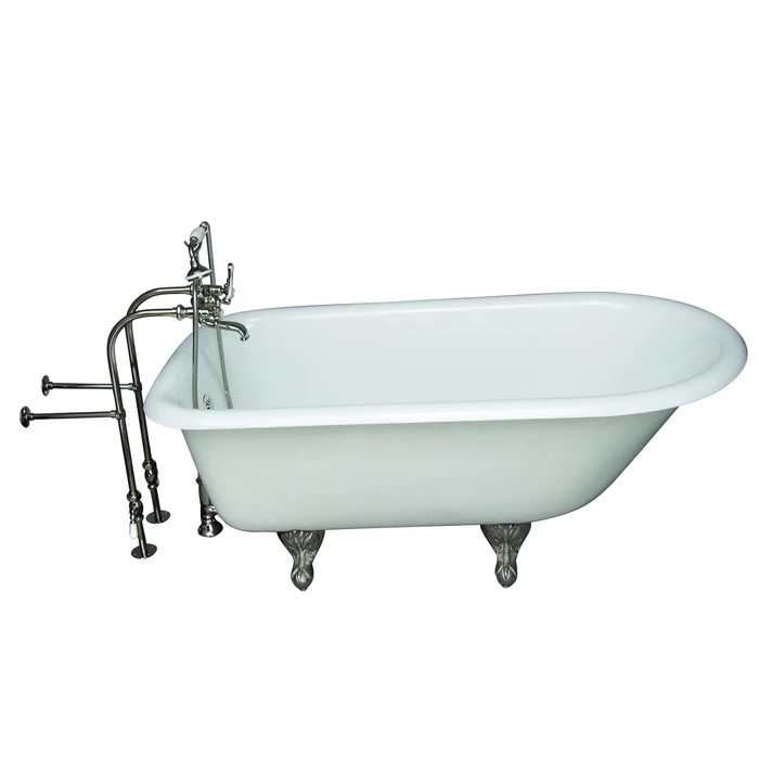 BARCLAY TKCTRN60-PN2 BARTLETT 60 3/4 INCH CAST IRON FREESTANDING CLAWFOOT SOAKER BATHTUB IN WHITE WITH METAL CROSS HANDLE TUB FILLER AND HAND SHOWER IN POLISHED NICKEL