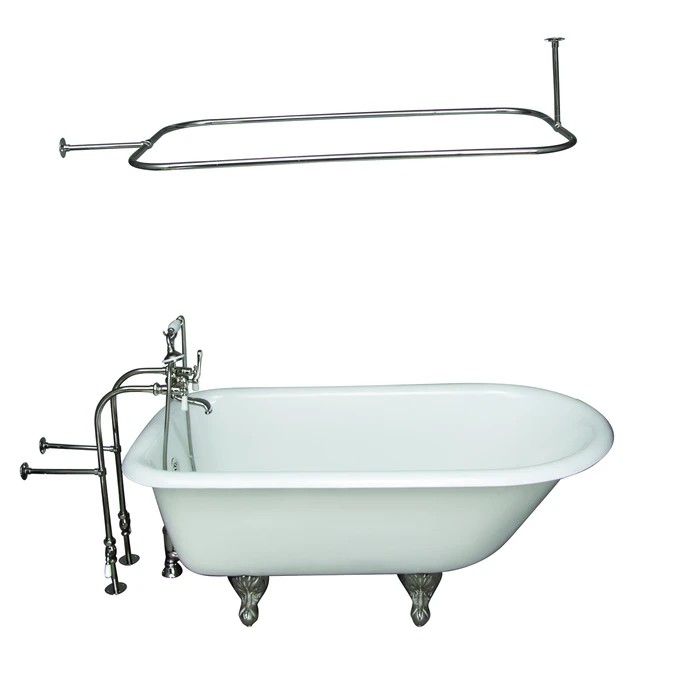 BARCLAY TKCTRN60-PN3 BARTLETT 60 3/4 INCH CAST IRON FREESTANDING CLAWFOOT SOAKER BATHTUB IN WHITE WITH PORCELAIN LEVER HANDLE TUB FILLER AND 48 INCH RECTANGULAR SHOWER ROD IN POLISHED NICKEL