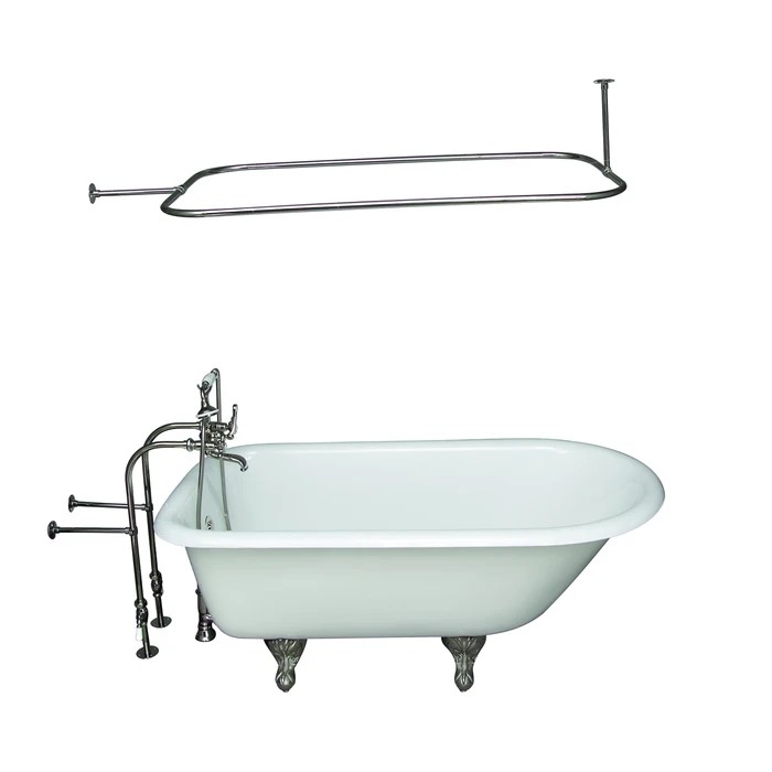 BARCLAY TKCTRN60-PN4 BARTLETT 60 3/4 INCH CAST IRON FREESTANDING CLAWFOOT SOAKER BATHTUB IN WHITE WITH METAL CROSS HANDLE TUB FILLER AND 48 INCH RECTANGULAR SHOWER ROD IN POLISHED NICKEL