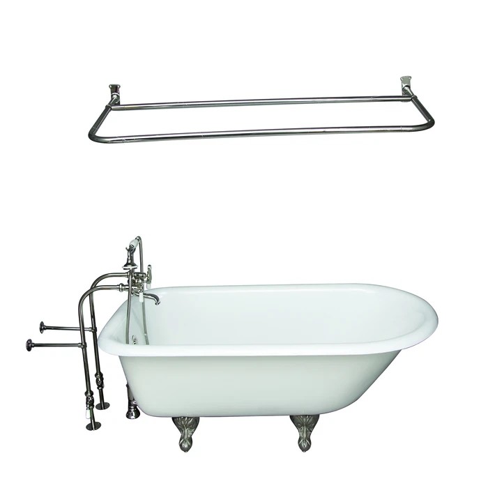 BARCLAY TKCTRN60-PN5 BARTLETT 60 3/4 INCH CAST IRON FREESTANDING CLAWFOOT SOAKER BATHTUB IN WHITE WITH PORCELAIN LEVER HANDLE TUB FILLER AND 54 INCH D-SHAPED SHOWER ROD IN POLISHED NICKEL