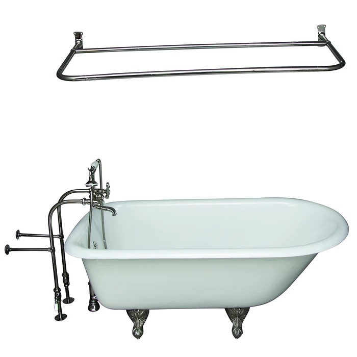 BARCLAY TKCTRN60-PN6 BARTLETT 60 3/4 INCH CAST IRON FREESTANDING CLAWFOOT SOAKER BATHTUB IN WHITE WITH METAL CROSS HANDLE TUB FILLER AND 54 INCH D-SHAPED SHOWER ROD IN POLISHED NICKEL
