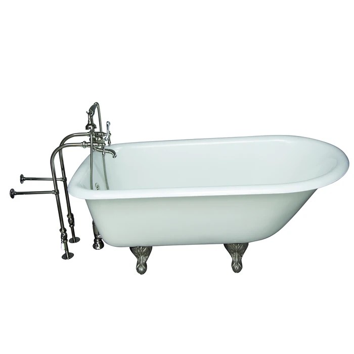BARCLAY TKCTRN60-PN7 BARTLETT 60 3/4 INCH CAST IRON FREESTANDING CLAWFOOT SOAKER BATHTUB IN WHITE WITH FINIAL METAL LEVER HANDLE TUB FILLER AND HAND SHOWER IN POLISHED NICKEL