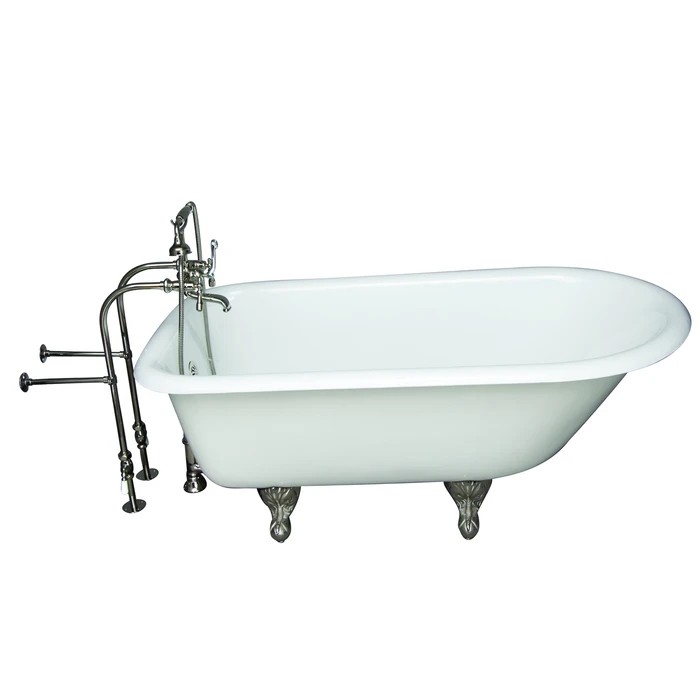 BARCLAY TKCTRN60-PN8 BARTLETT 60 3/4 INCH CAST IRON FREESTANDING CLAWFOOT SOAKER BATHTUB IN WHITE WITH METAL LEVER HANDLE TUB FILLER AND HAND SHOWER IN POLISHED NICKEL