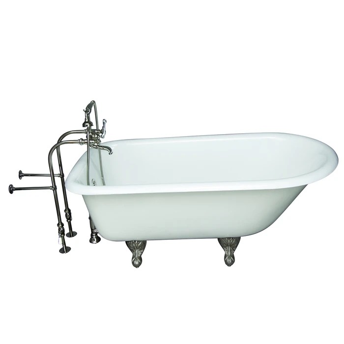 BARCLAY TKCTRN60-PN9 BARTLETT 60 3/4 INCH CAST IRON FREESTANDING CLAWFOOT SOAKER BATHTUB IN WHITE WITH METAL CROSS HANDLE TUB FILLER AND HAND SHOWER IN POLISHED NICKEL