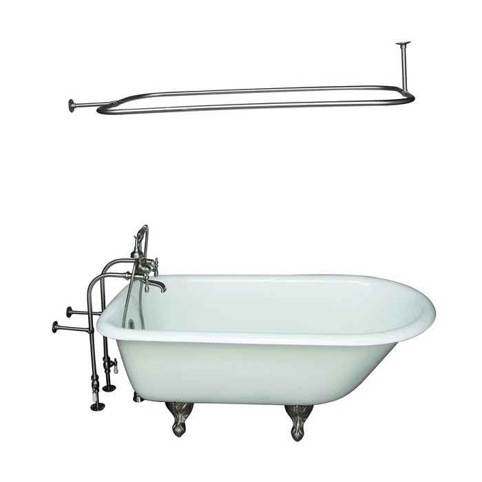 BARCLAY TKCTRN60-SN11 BARTLETT 60 3/4 INCH CAST IRON FREESTANDING CLAWFOOT SOAKER BATHTUB IN WHITE WITH METAL LEVER HANDLE TUB FILLER AND 54 INCH RECTANGULAR SHOWER ROD IN BRUSHED NICKEL
