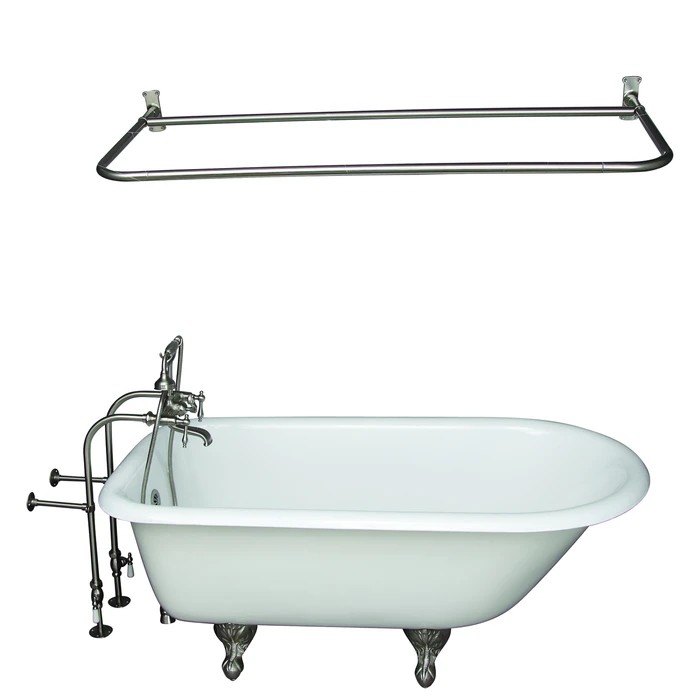 BARCLAY TKCTRN60-SN13 BARTLETT 60 3/4 INCH CAST IRON FREESTANDING CLAWFOOT SOAKER BATHTUB IN WHITE WITH FINIAL METAL LEVER HANDLE TUB FILLER AND 54 INCH D-SHAPED SHOWER ROD IN BRUSHED NICKEL