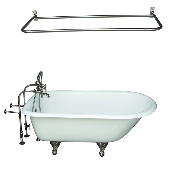 BARCLAY TKCTRN60-SN14 BARTLETT 60 3/4 INCH CAST IRON FREESTANDING CLAWFOOT SOAKER BATHTUB IN WHITE WITH METAL LEVER HANDLE TUB FILLER AND 54 INCH D-SHAPED SHOWER ROD IN BRUSHED NICKEL
