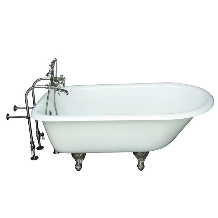 BARCLAY TKCTRN60-SN7 BARTLETT 60 3/4 INCH CAST IRON FREESTANDING CLAWFOOT SOAKER BATHTUB IN WHITE WITH FINIAL METAL LEVER HANDLE TUB FILLER AND HAND SHOWER IN BRUSHED NICKEL