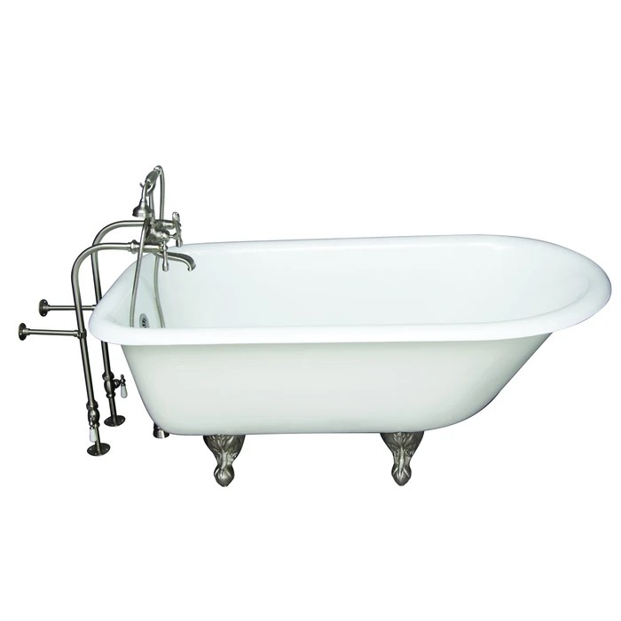 BARCLAY TKCTRN60-SN8 BARTLETT 60 3/4 INCH CAST IRON FREESTANDING CLAWFOOT SOAKER BATHTUB IN WHITE WITH METAL LEVER HANDLE TUB FILLER AND HAND SHOWER IN BRUSHED NICKEL