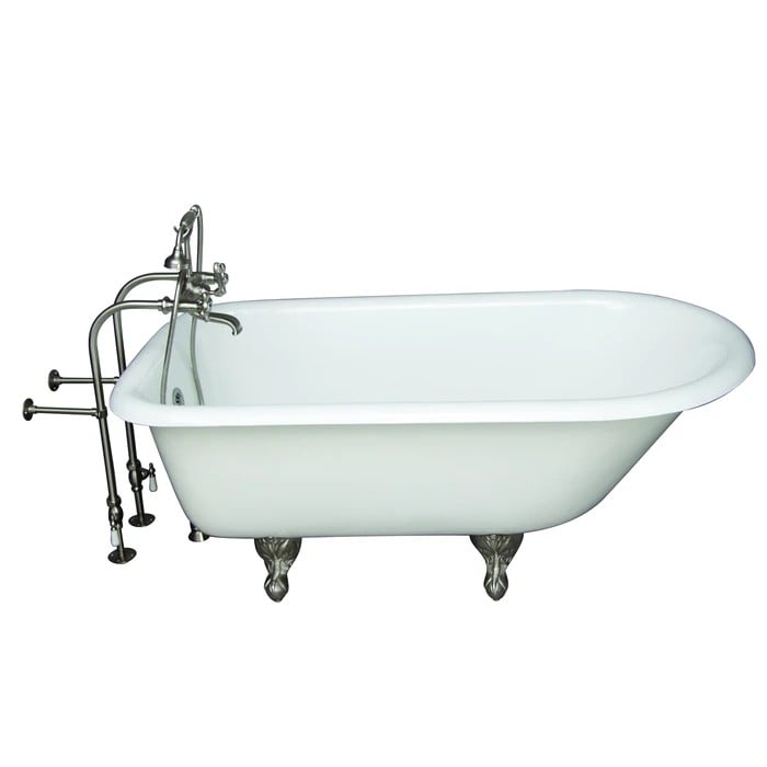 BARCLAY TKCTRN60-SN9 BARTLETT 60 3/4 INCH CAST IRON FREESTANDING CLAWFOOT SOAKER BATHTUB IN WHITE WITH METAL CROSS HANDLE TUB FILLER AND HAND SHOWER IN BRUSHED NICKEL