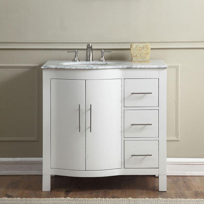 SILKROAD EXCLUSIVE V0290WW36L 36 INCH CARRARA WHITE MARBLE TOP SINGLE SINK BATHROOM VANITY - WHITE