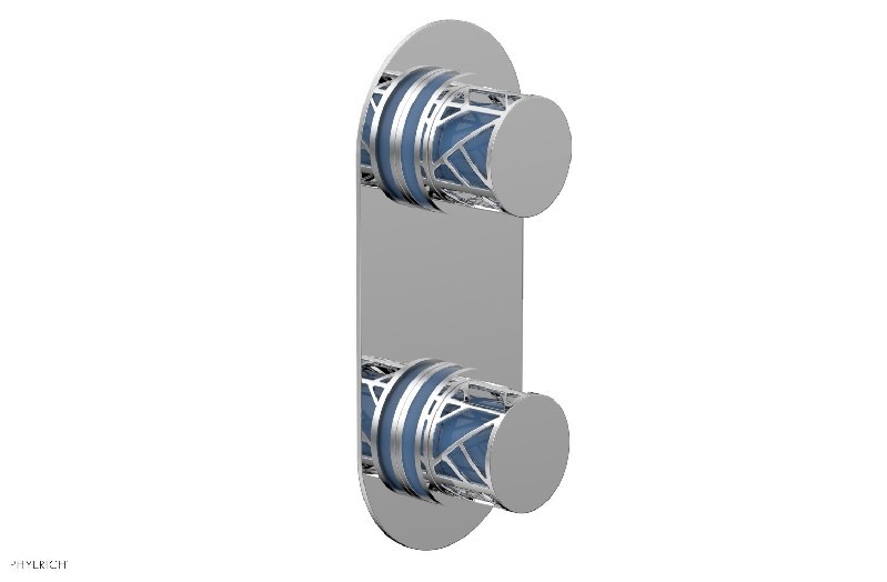 PHYLRICH 4-588-043 JOLIE 4 INCH WALL MOUNT TWO KNOB HANDLES THERMOSTATIC VALVE WITH VOLUME CONTROL OR DIVERTER AND LIGHT BLUE ACCENTS