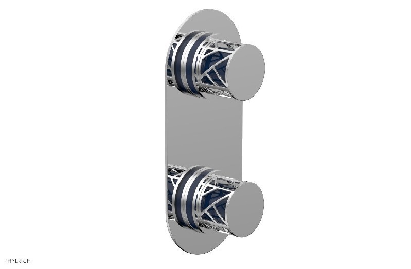 PHYLRICH 4-588-044 JOLIE 4 INCH WALL MOUNT TWO KNOB HANDLES THERMOSTATIC VALVE WITH VOLUME CONTROL OR DIVERTER AND NAVY BLUE ACCENTS