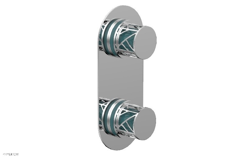 PHYLRICH 4-588-049 JOLIE 4 INCH WALL MOUNT TWO KNOB HANDLES THERMOSTATIC VALVE WITH VOLUME CONTROL OR DIVERTER AND TURQUOISE ACCENTS