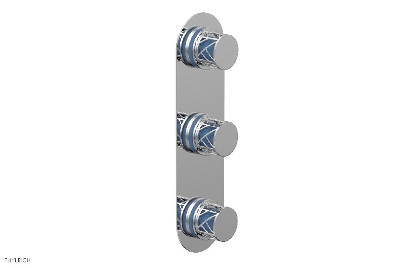 PHYLRICH 4-590-043 JOLIE 4 INCH WALL MOUNT THREE KNOB HANDLES THERMOSTATIC VALVE WITH VOLUME CONTROL WITH LIGHT BLUE ACCENTS