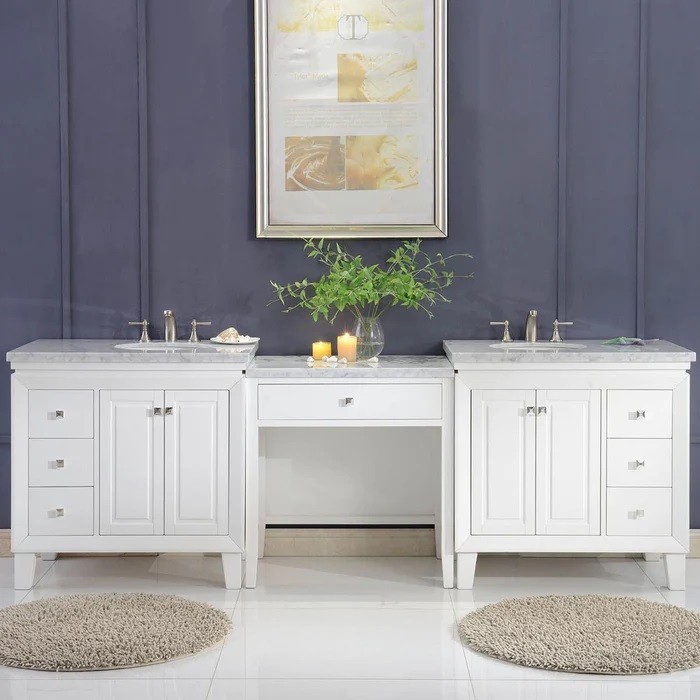 SILKROAD EXCLUSIVE V0320WW103D 103 INCH CARRARA WHITE MARBLE TOP DOUBLE SINK BATHROOM VANITY - WHITE