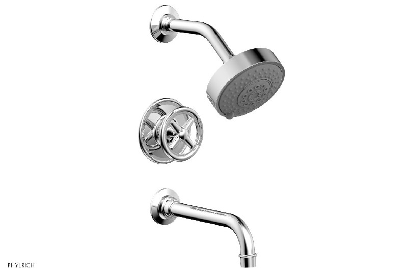 PHYLRICH 220-26 WORKS 4 7/8 INCH WALL MOUNT PRESSURE BALANCE TUB AND SHOWER SET WITH WHEEL HANDLE
