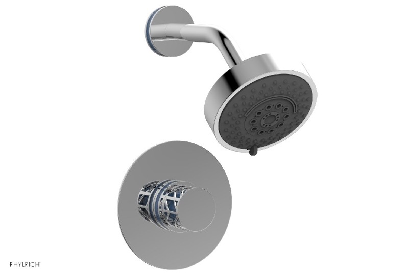 PHYLRICH 222-21-043 JOLIE 4 7/8 INCH WALL MOUNT KNOB HANDLE PRESSURE BALANCE SHOWER SET WITH LIGHT BLUE ACCENTS