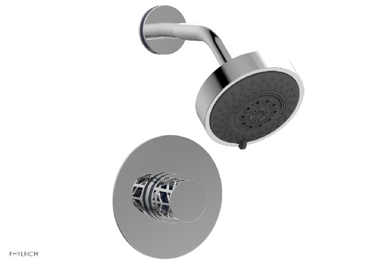 PHYLRICH 222-21-044 JOLIE 4 7/8 INCH WALL MOUNT KNOB HANDLE PRESSURE BALANCE SHOWER SET WITH NAVY BLUE ACCENTS