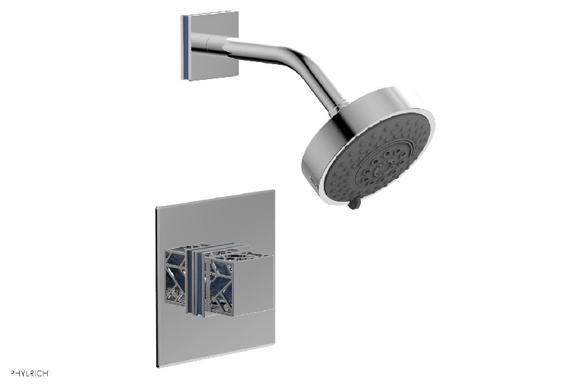 PHYLRICH 222-22-043 JOLIE 4 7/8 INCH WALL MOUNT SQUARE HANDLE PRESSURE BALANCE SHOWER SET WITH LIGHT BLUE ACCENTS