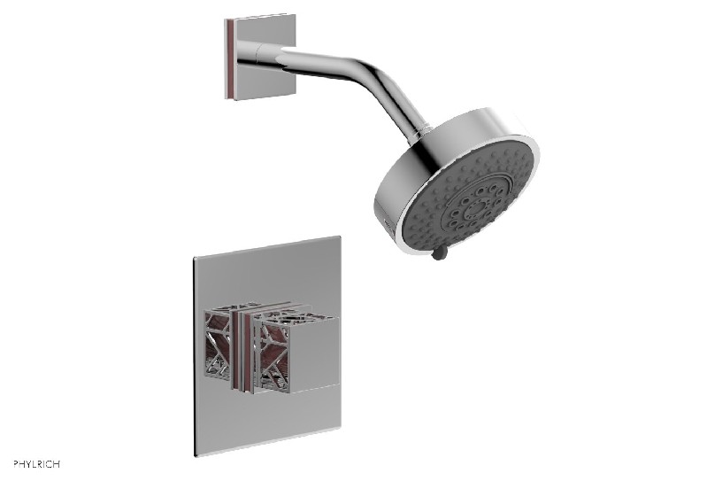 PHYLRICH 222-22-045 JOLIE 4 7/8 INCH WALL MOUNT SQUARE HANDLE PRESSURE BALANCE SHOWER SET WITH PINK ACCENTS