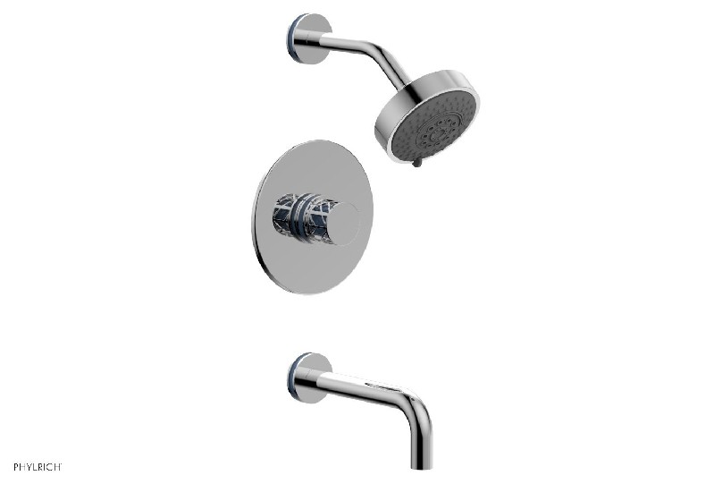 PHYLRICH 222-26-043 JOLIE WALL MOUNT KNOB HANDLE PRESSURE BALANCE TUB AND SHOWER SET WITH LIGHT BLUE ACCENTS
