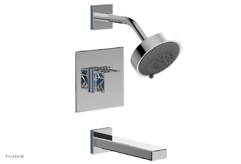 PHYLRICH 222-27-043 JOLIE 4 13/16 INCH WALL MOUNT SQUARE HANDLE PRESSURE BALANCE TUB AND SHOWER SET WITH LIGHT BLUE ACCENTS