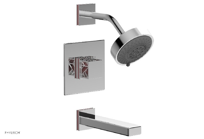 PHYLRICH 222-27-045 JOLIE 4 13/16 INCH WALL MOUNT SQUARE HANDLE PRESSURE BALANCE TUB AND SHOWER SET WITH PINK ACCENTS