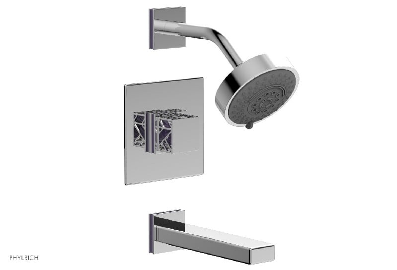 PHYLRICH 222-27-046 JOLIE 4 13/16 INCH WALL MOUNT SQUARE HANDLE PRESSURE BALANCE TUB AND SHOWER SET WITH PURPLE ACCENTS