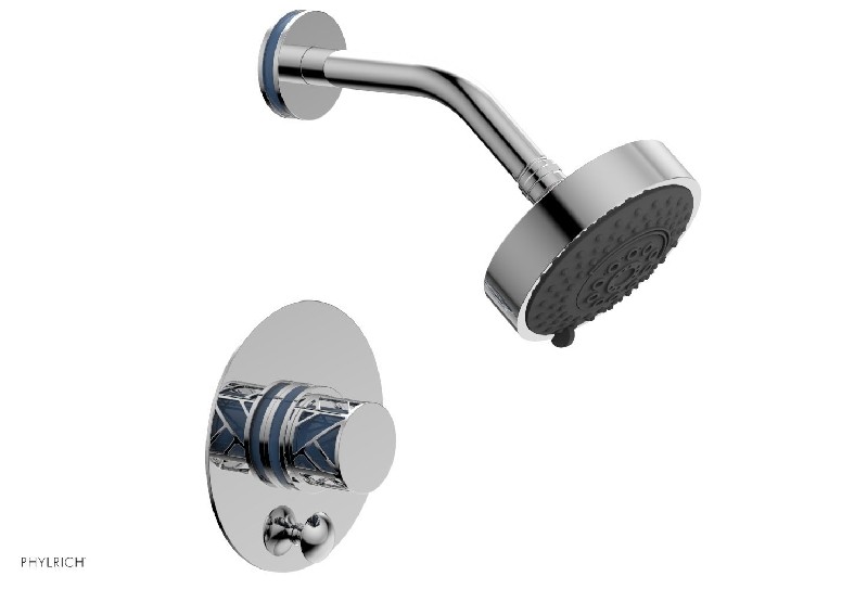 PHYLRICH 4-677-043 JOLIE 4 13/16 INCH LESS SPOUT WALL MOUNT KNOB HANDLE PRESSURE BALANCE SHOWER AND DIVERTER SET WITH LIGHT BLUE ACCENTS