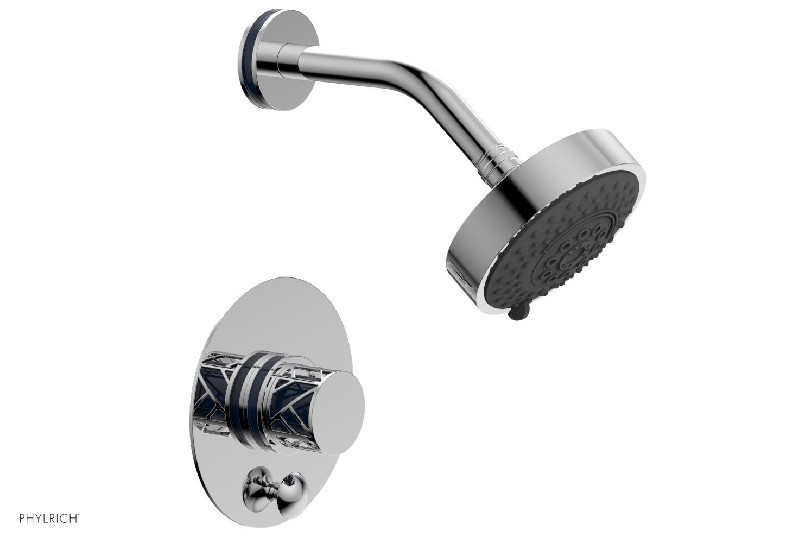 PHYLRICH 4-677-044 JOLIE 4 13/16 INCH LESS SPOUT WALL MOUNT KNOB HANDLE PRESSURE BALANCE SHOWER AND DIVERTER SET WITH NAVY BLUE ACCENTS