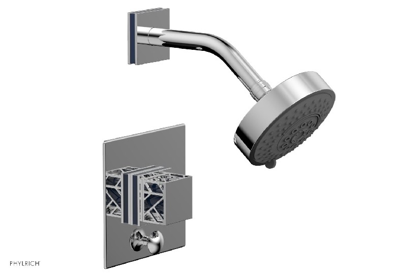 PHYLRICH 4-678-044 JOLIE 4 13/16 INCH LESS SPOUT WALL MOUNT SQUARE HANDLE PRESSURE BALANCE SHOWER AND DIVERTER SET WITH NAVY BLUE ACCENTS