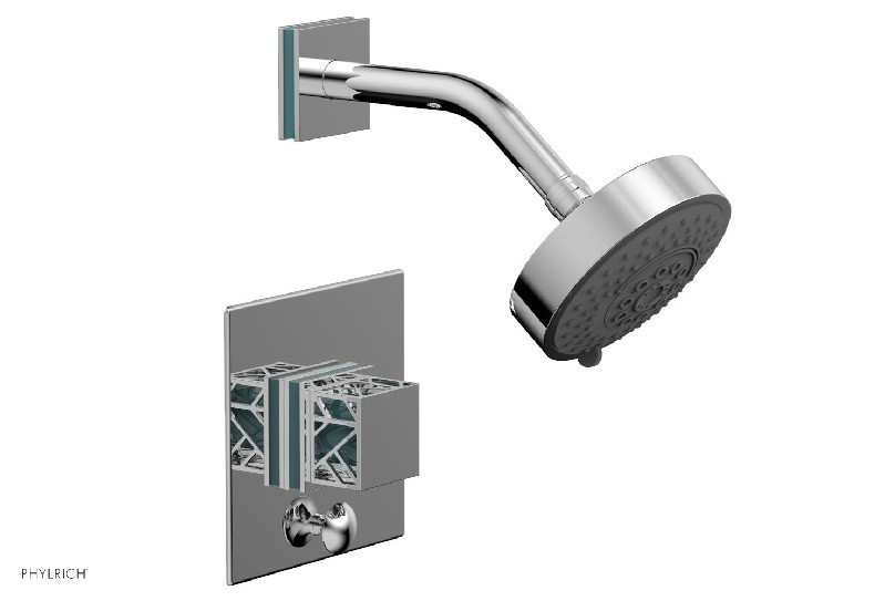 PHYLRICH 4-678-049 JOLIE 4 13/16 INCH LESS SPOUT WALL MOUNT SQUARE HANDLE PRESSURE BALANCE SHOWER AND DIVERTER SET WITH TURQUOISE ACCENTS